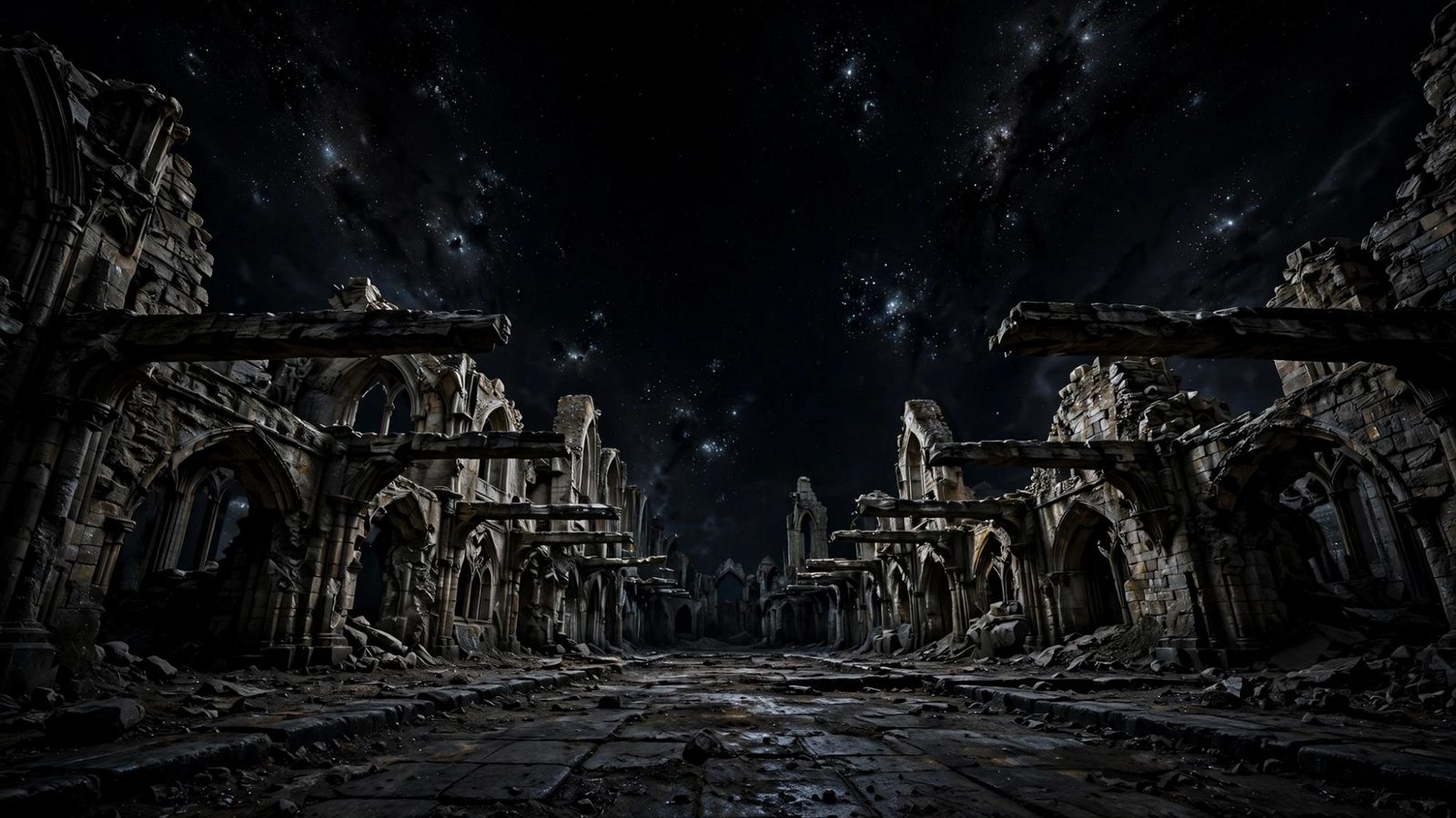 The collapsed nave in a wide view, stars dense above the broken arches.