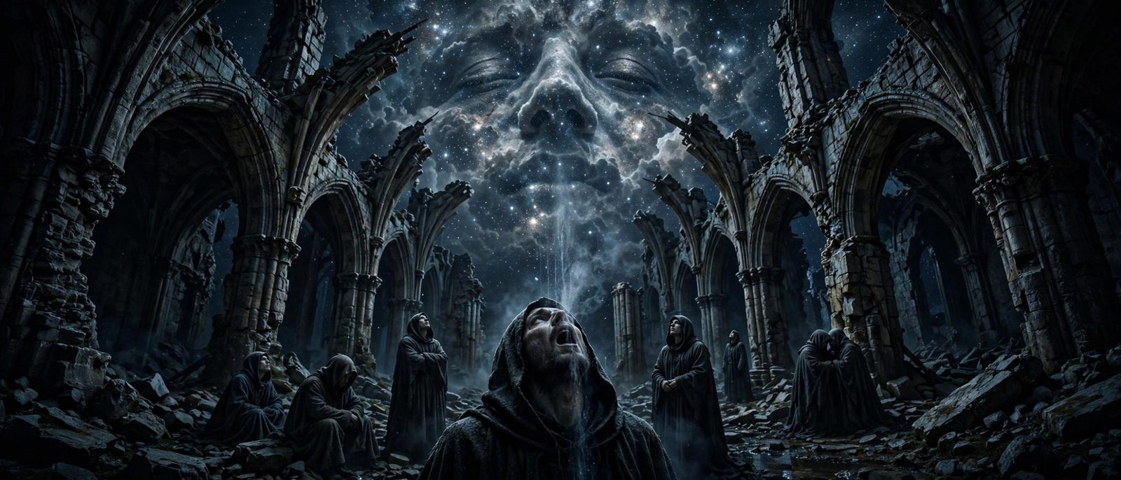 Hooded figures looking up as a face of stars leans through the open roof.