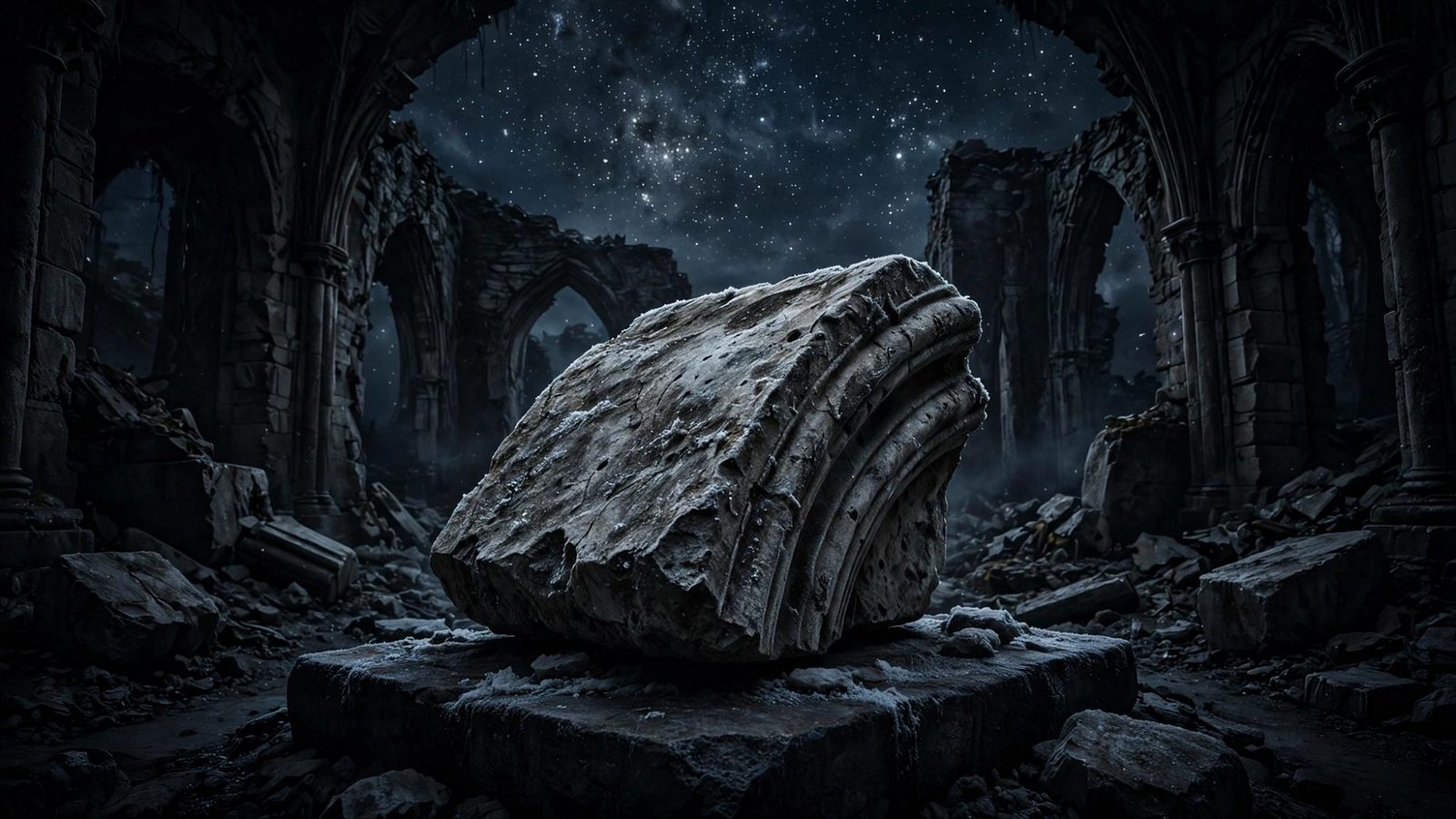 A carved keystone on a pedestal, taken from an arch that no longer holds a ceiling.
