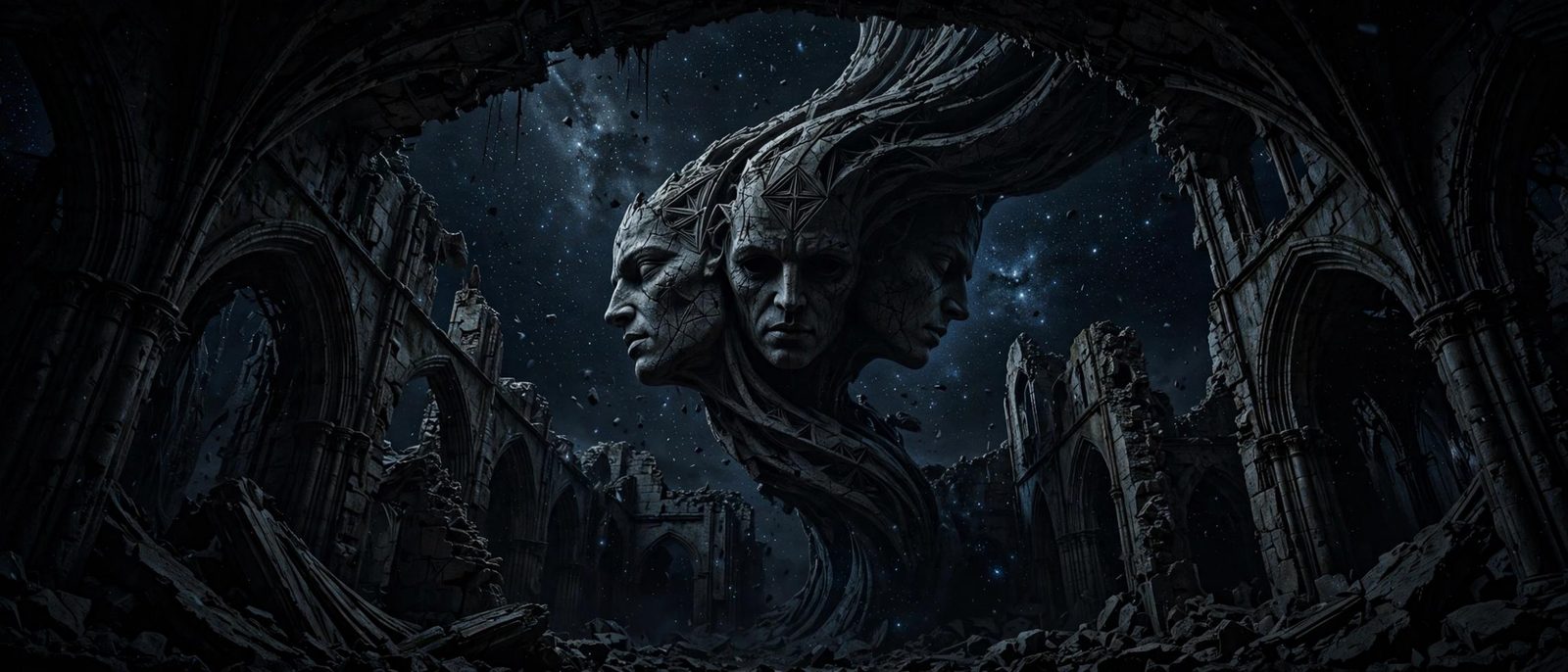 A stone head of several faces, crowned, hanging in the starlight above the ruin.