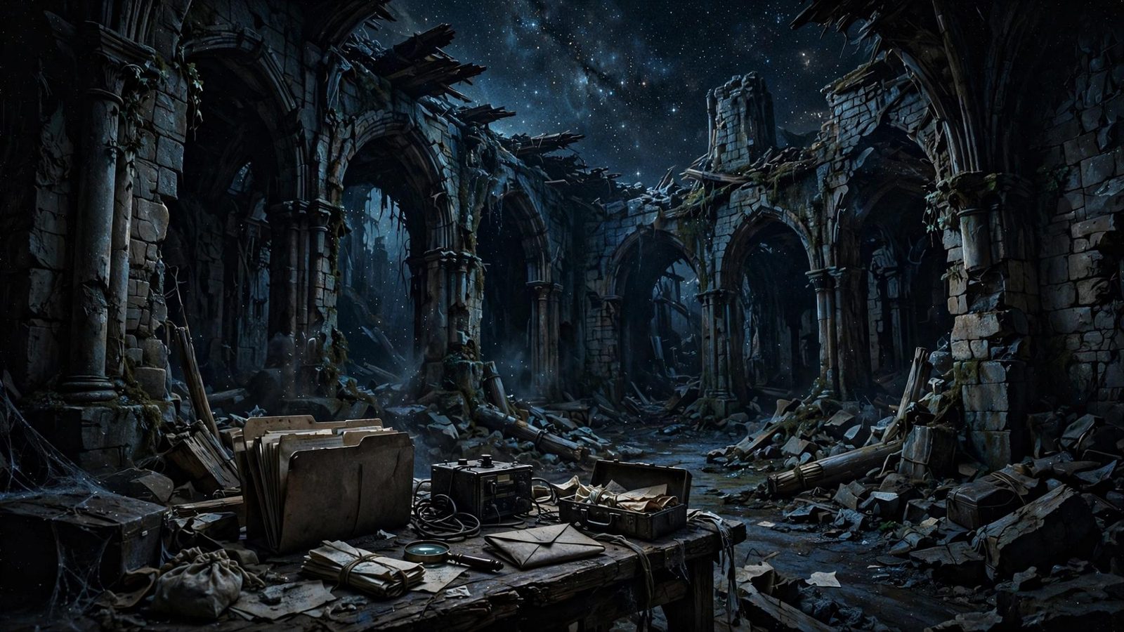 Papers, a case, and a radio on a table in the nave, as if someone tried to log the sky.