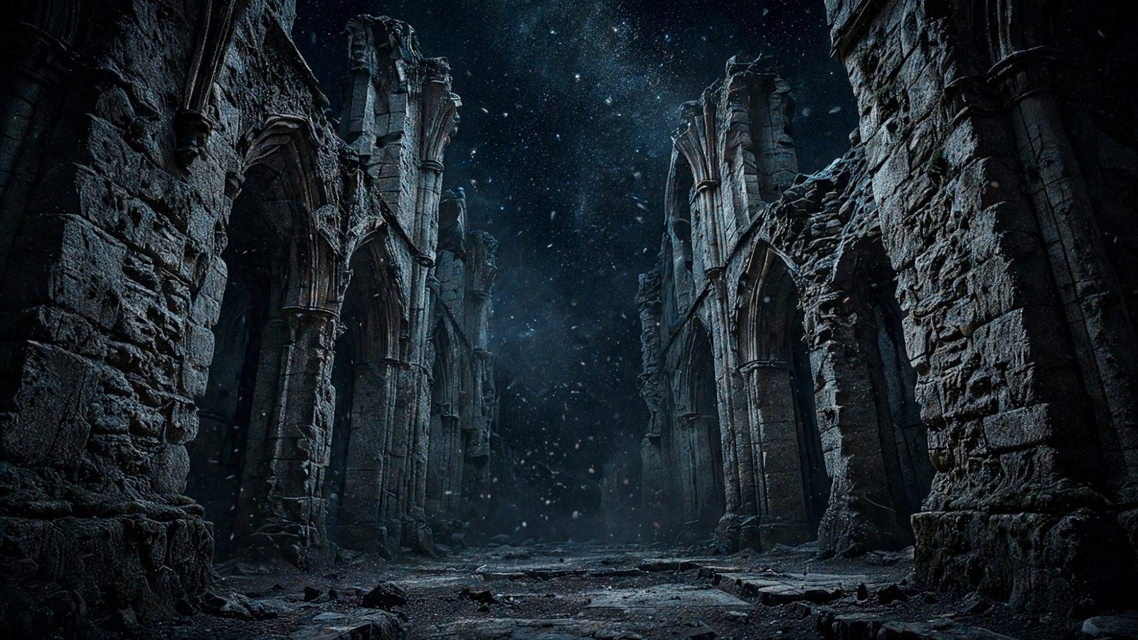 Falling dust in the arches, the stars steady behind them.