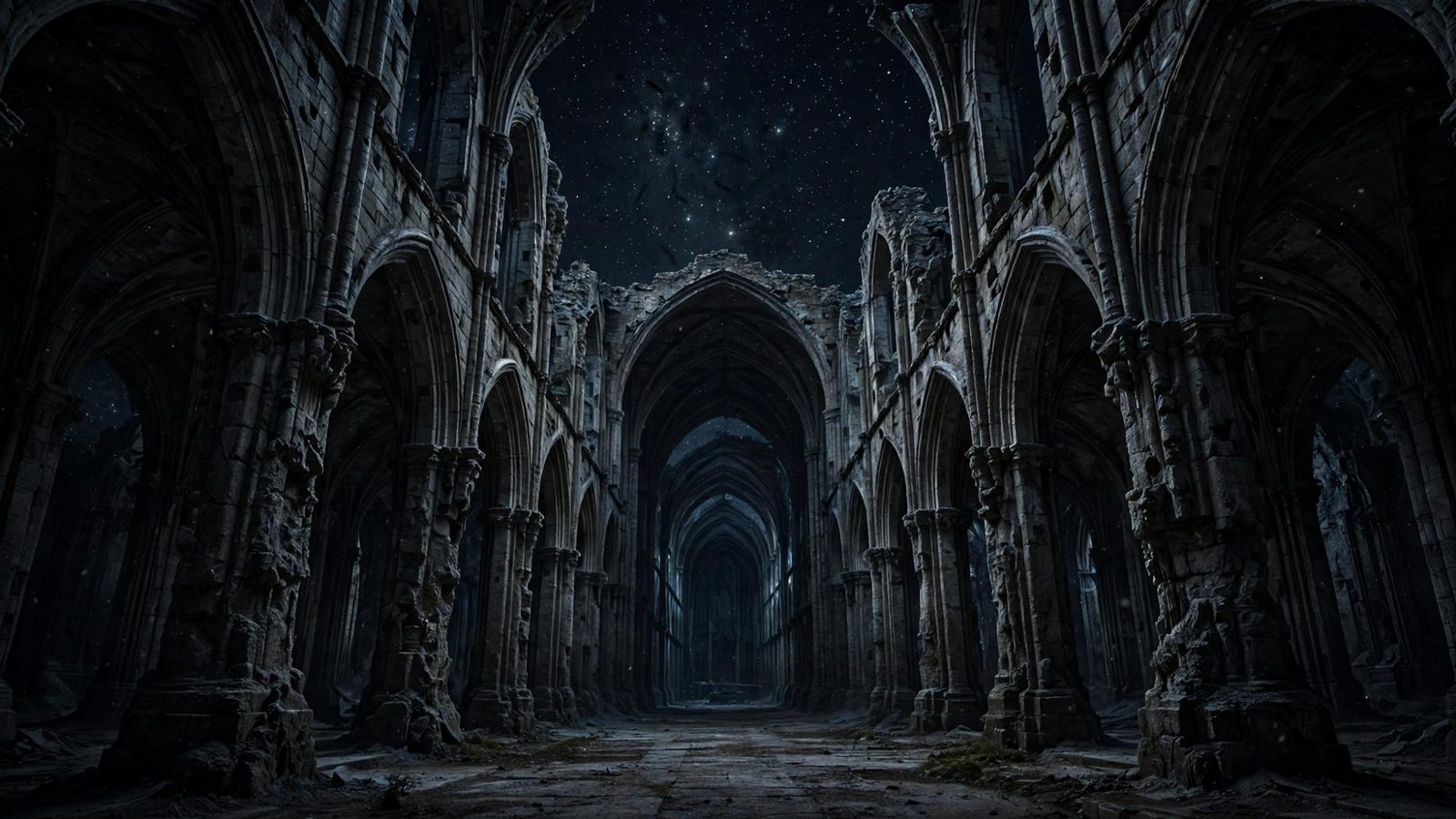 A ruined gothic nave open to a sky of stars where the vault should be.