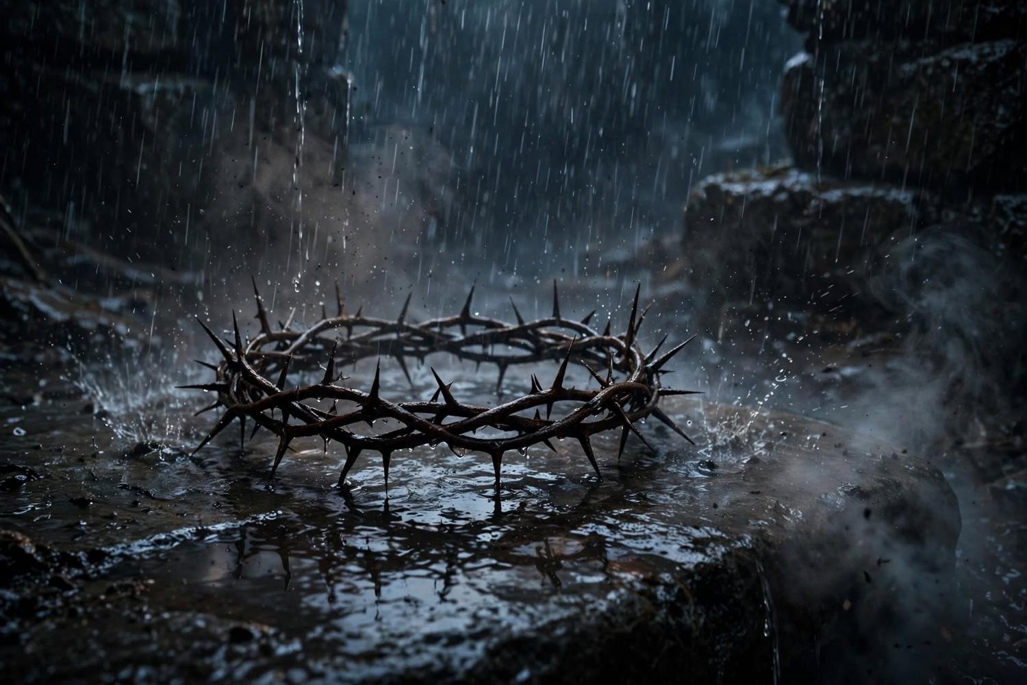 The same crown in heavier rain, water pooling under the thorns