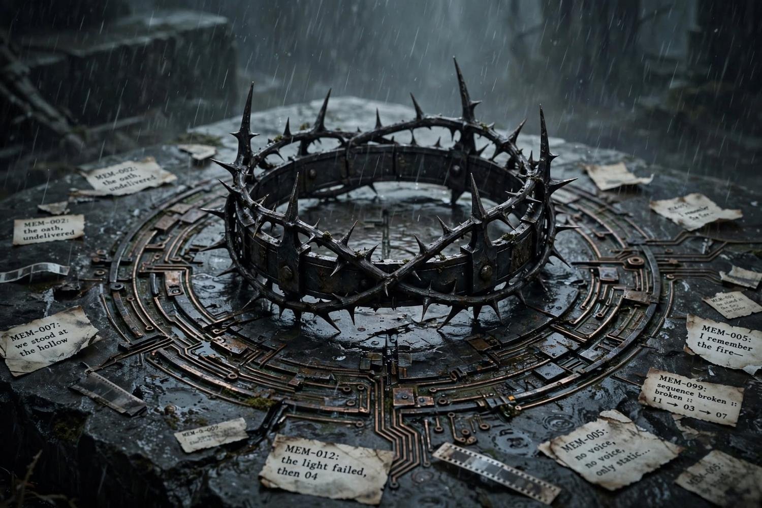 An iron crown of thorns on a wet closed circuit, rain on the stone