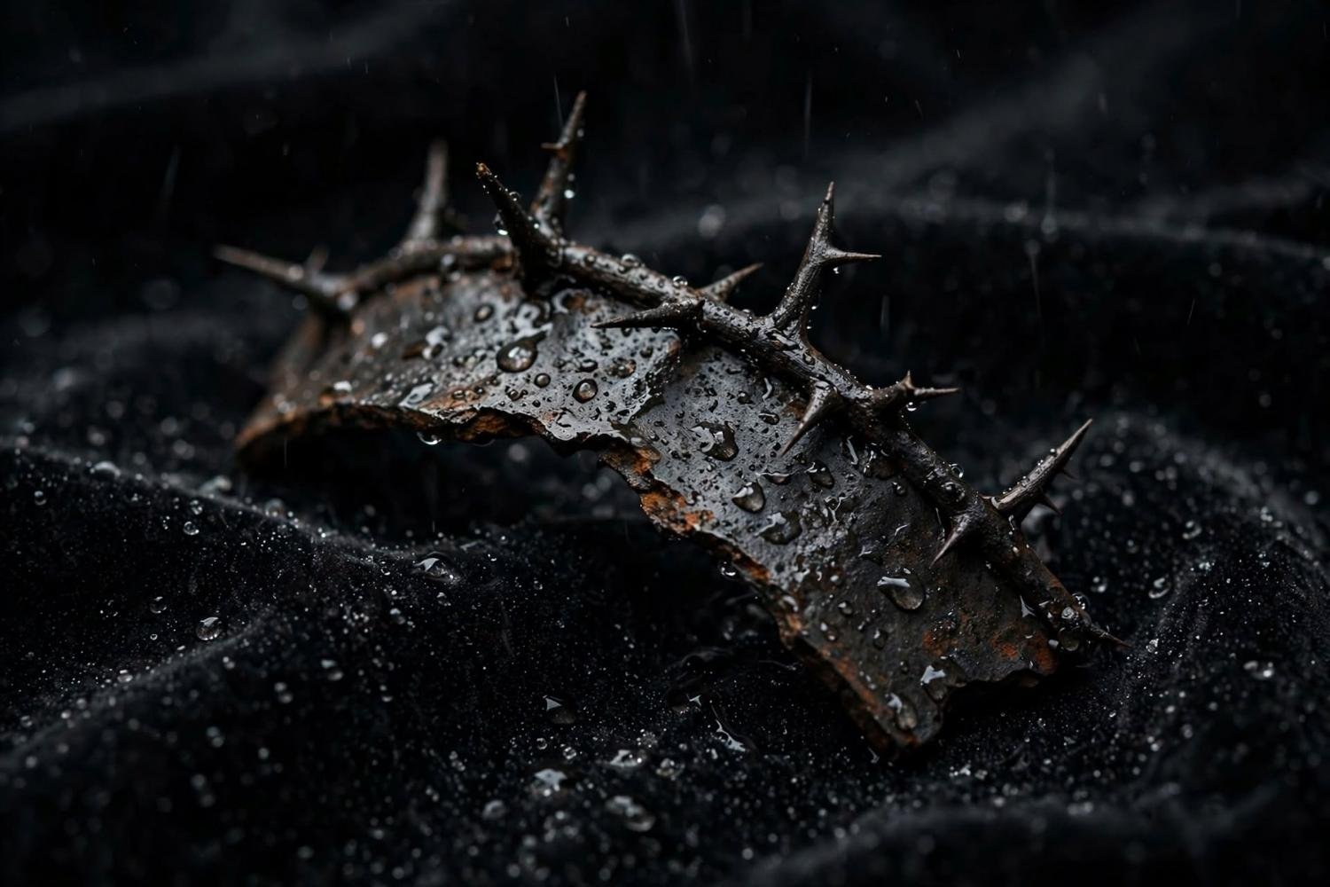 A broken length of the iron crown, wet, thorns still on it