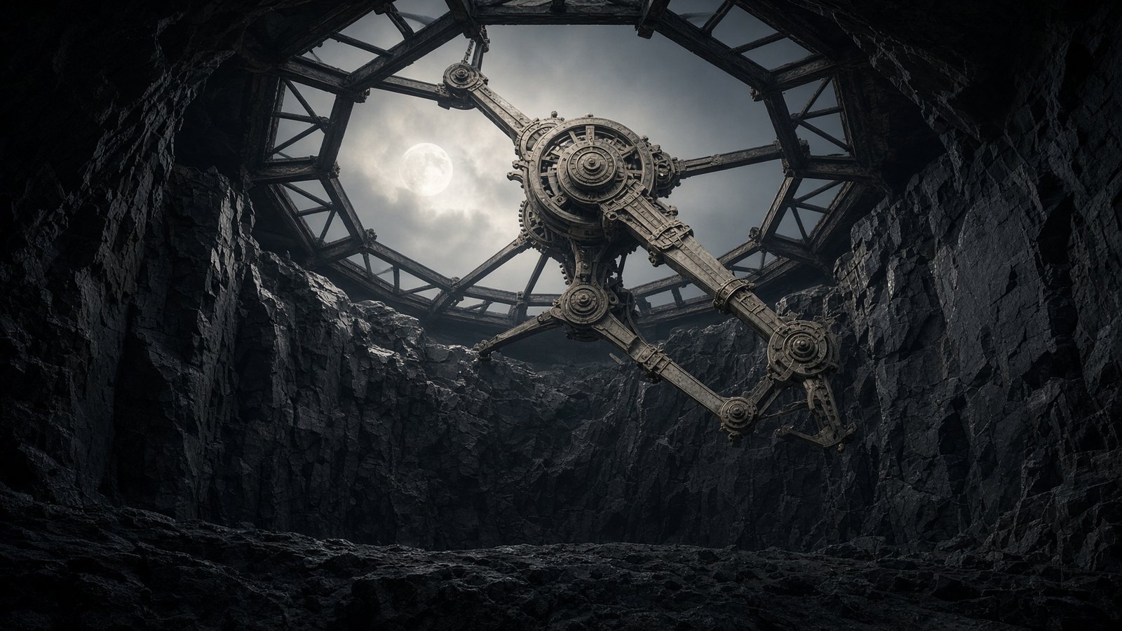 The clockwork arm under the same moon, turning and not arriving.