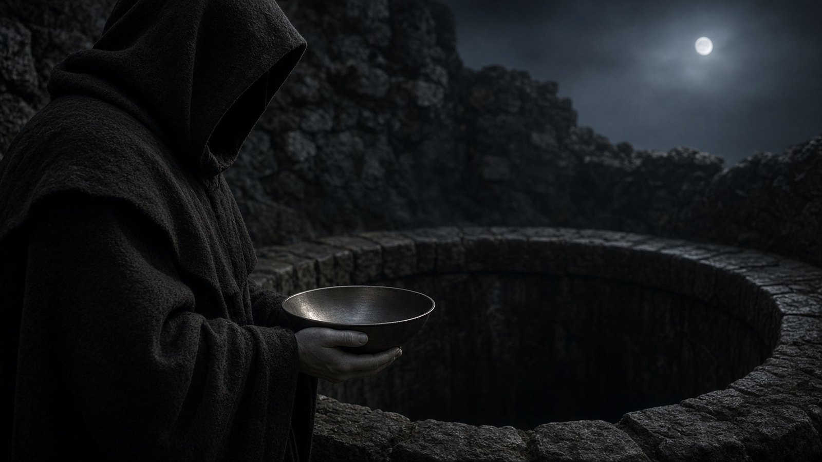 The keeper at the edge, wool robe, bowl in both hands, face in shadow.