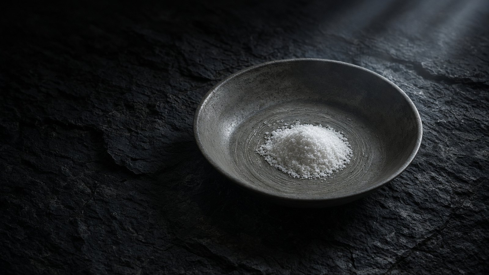 Salt and water lines inside the bowl, the record of a night that repeated.