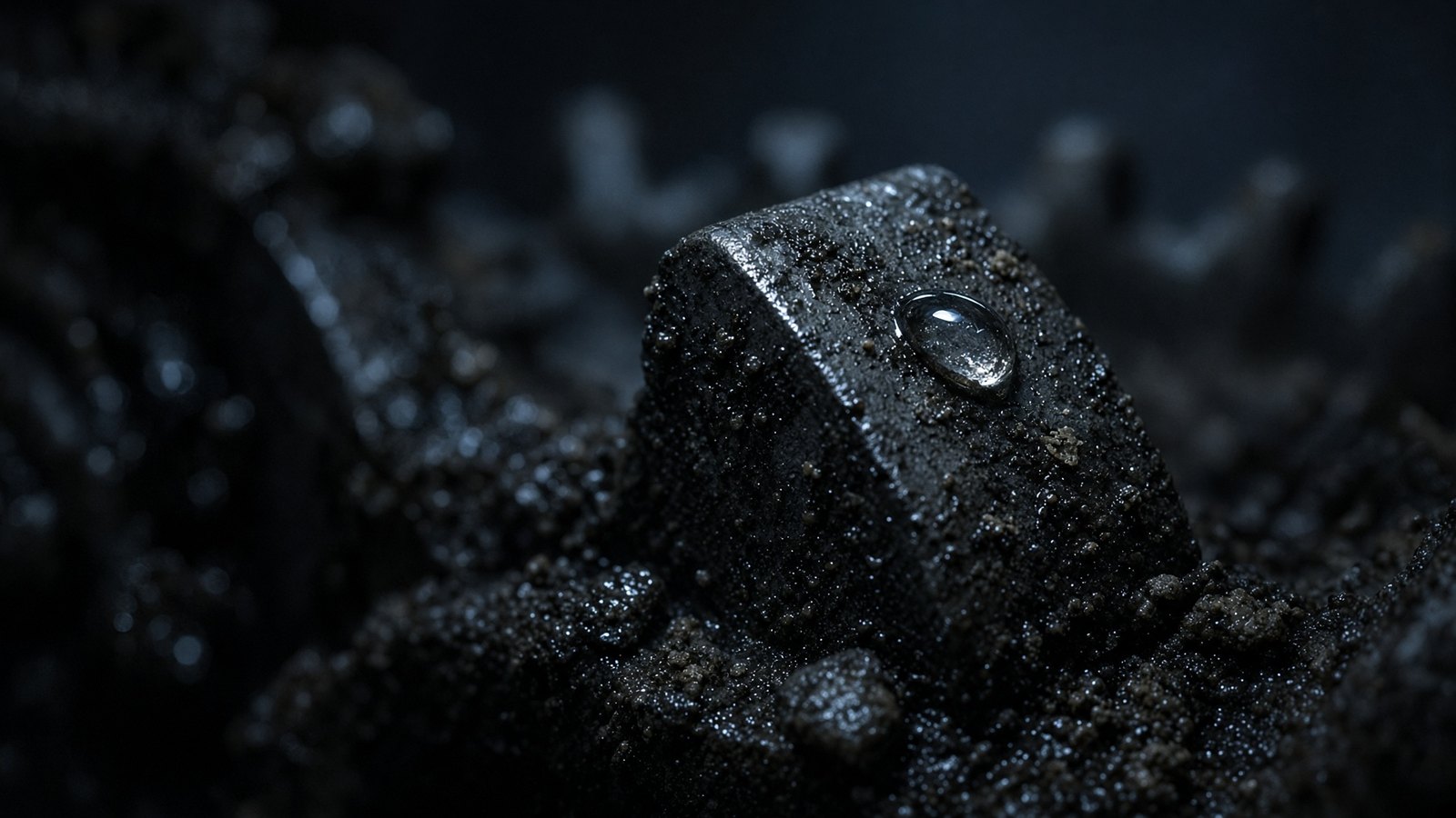 A dark iron gear and dry stone, one drop, cold light.