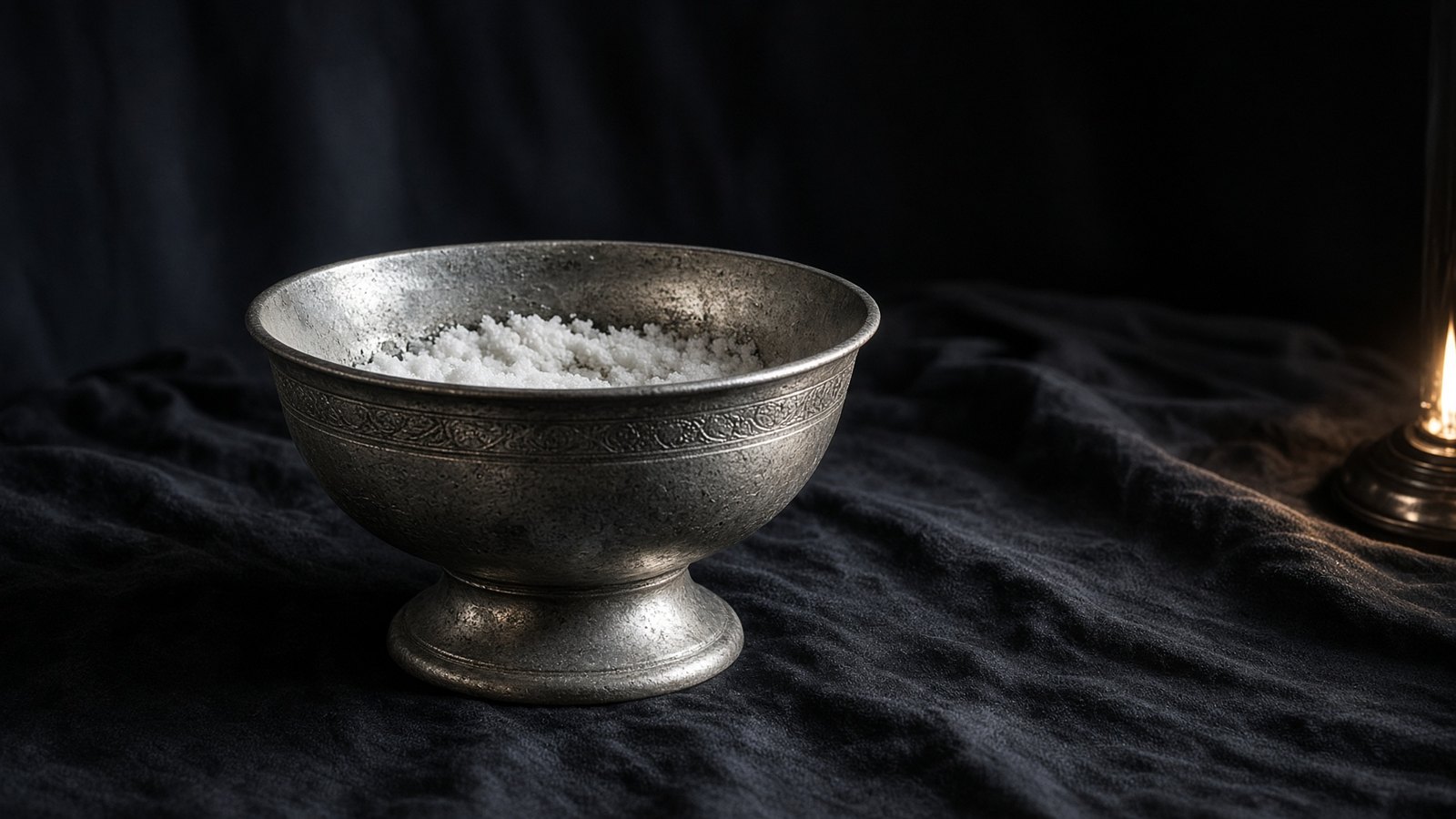 The pewter bowl alone, salt inside, the ritual object and not a face.