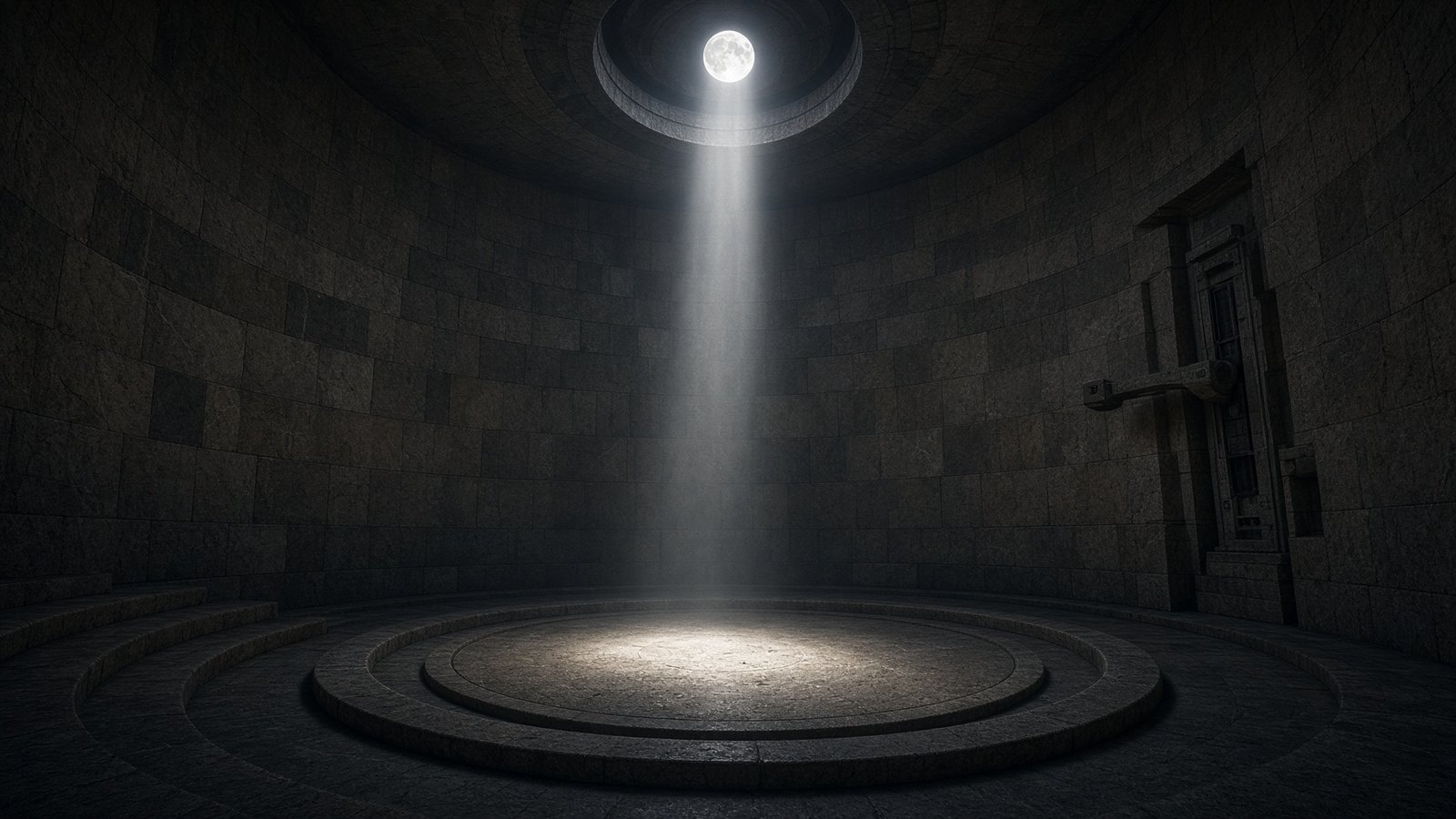 The empty pit, one shaft of moon on the granite, the arm still.