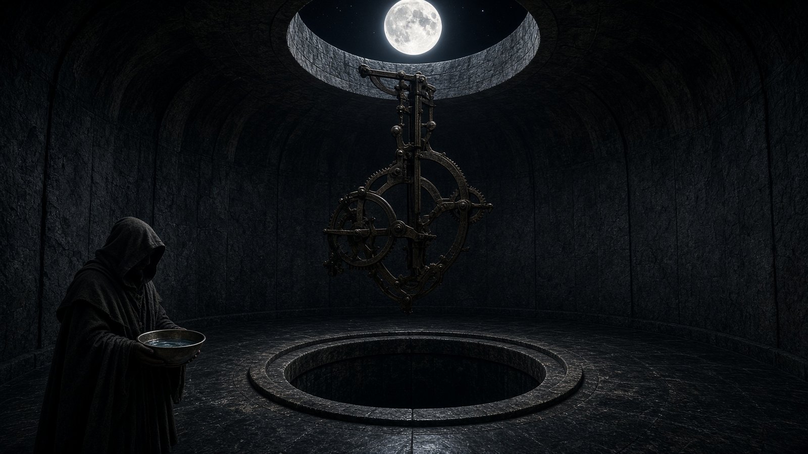 A stone pit under an open roof, a pale moon, a clockwork arm, a keeper with a bowl at the edge.