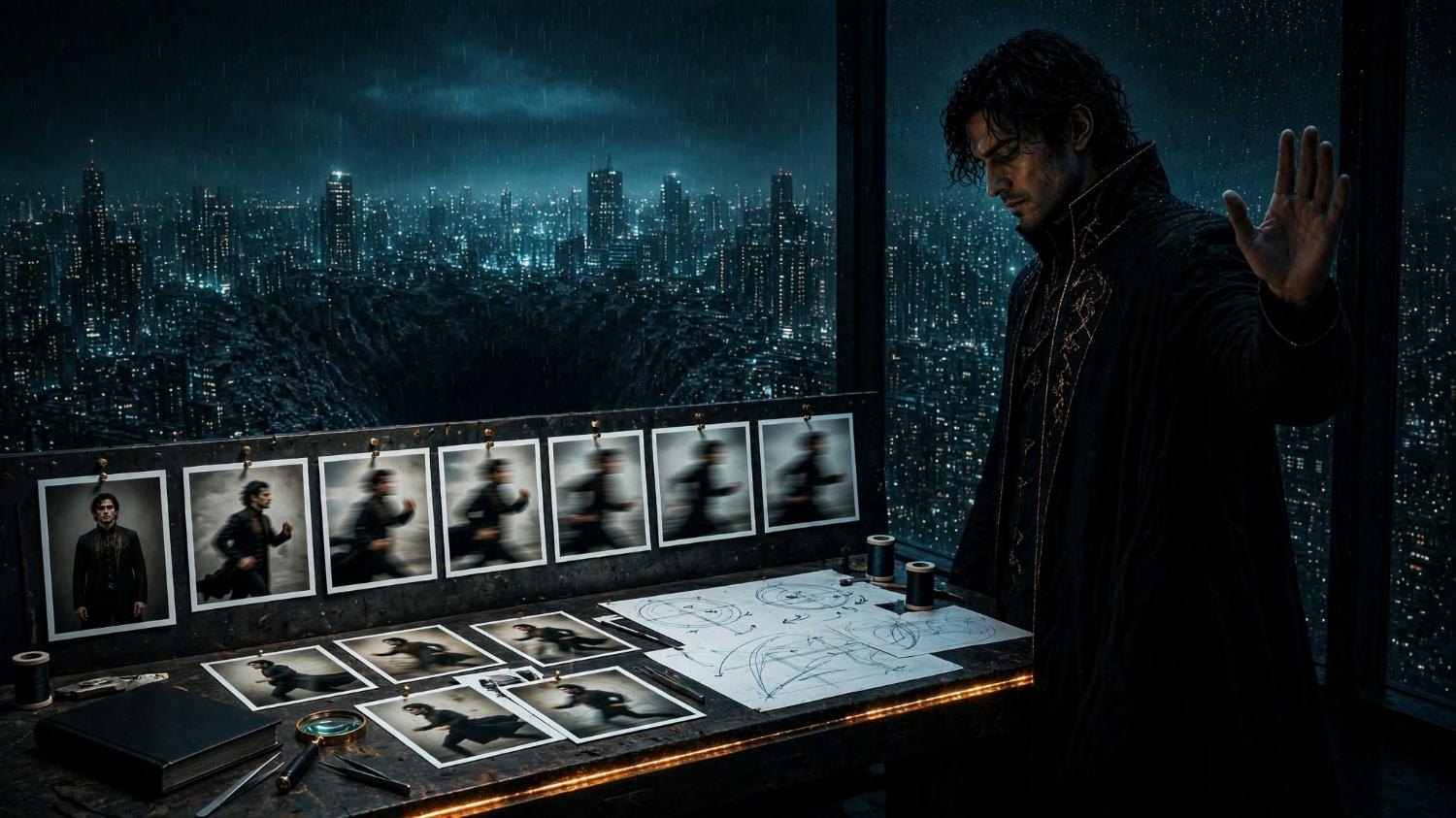Stills of one man, from a held portrait to a blur. The hand is raised.