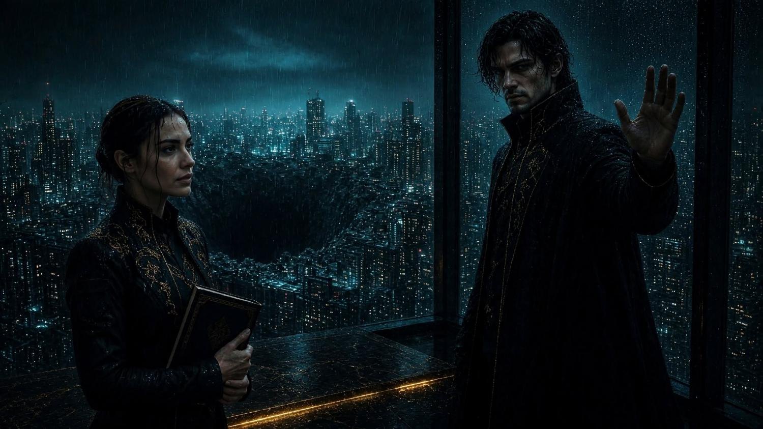 She keeps the book closed. His palm is against the glass.