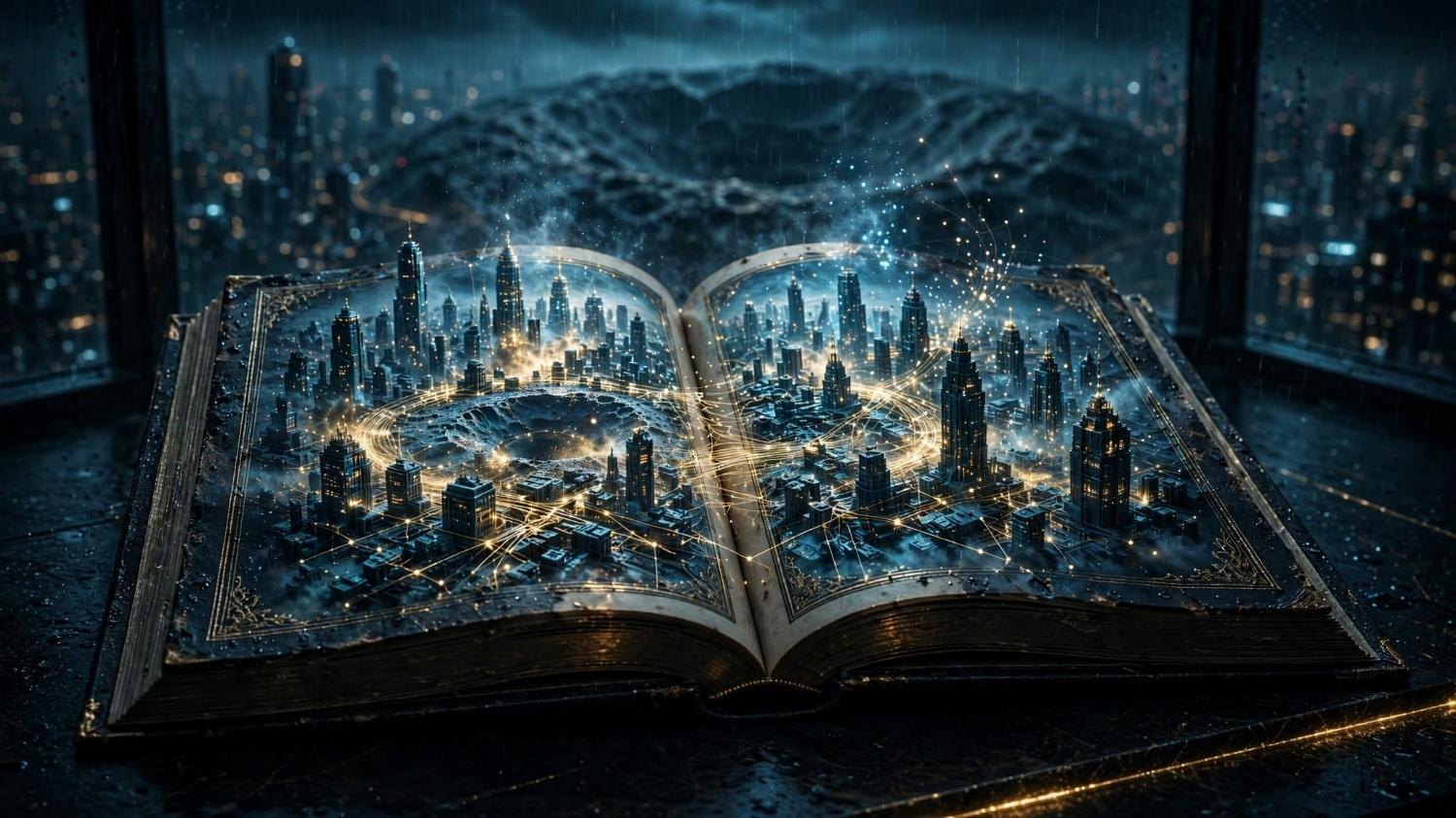 A heavy open book. The city is in the pages, and a crater is in the left one.