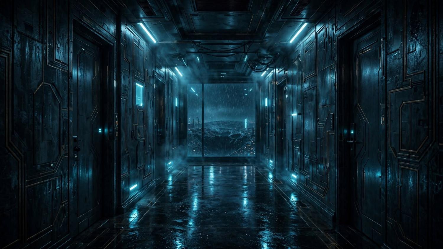 A corridor of The Stack. One window at the end holds the rain and the gap.