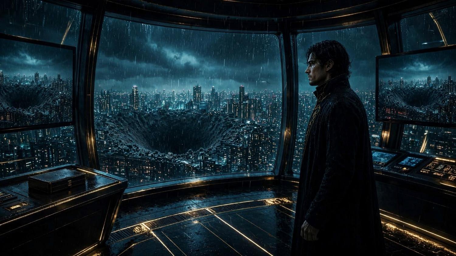 The observation deck. He watches the gap. A closed book waits on the desk.