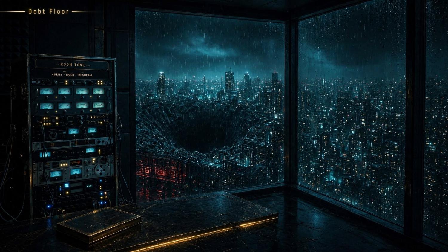 Room tone on the top floor. Hold. Residual. The gap beyond the glass.