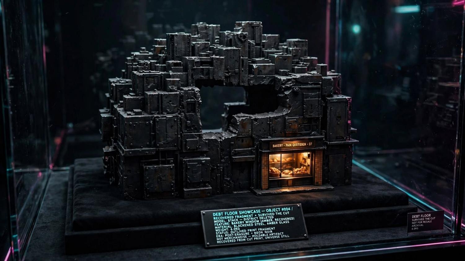 Debt Floor. Blackened steel model of The Stack. The bakery window is the only warm light. Six kilograms.