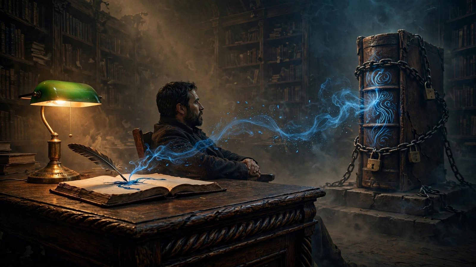 A man with a lamp on a high gallery, the shelves continuing past the light.