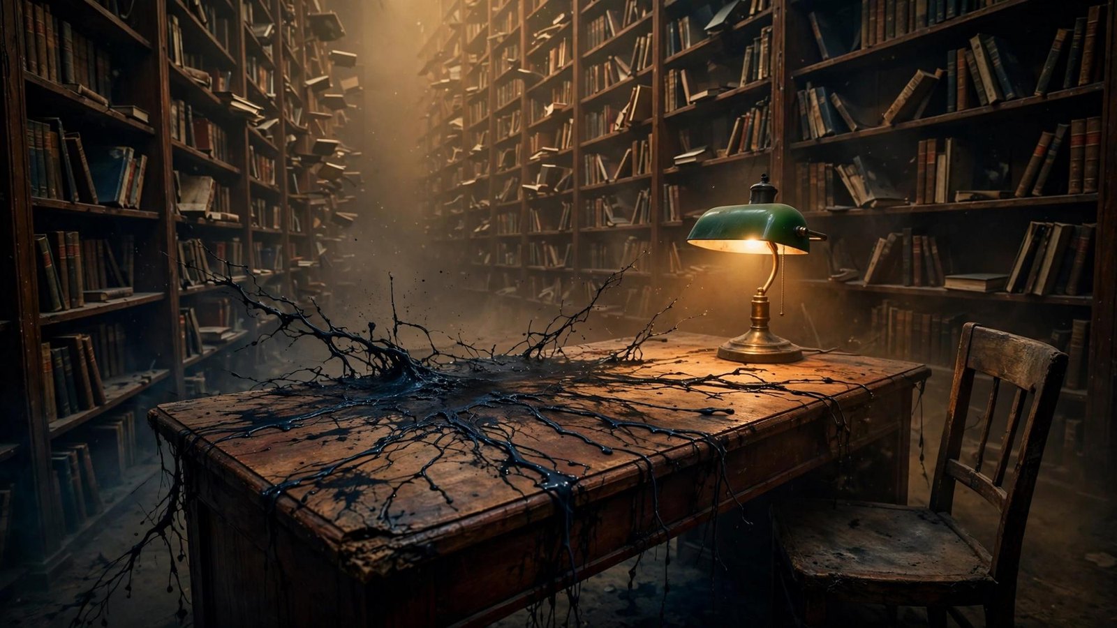 A single book floating open in a dark aisle, still being read by no one.