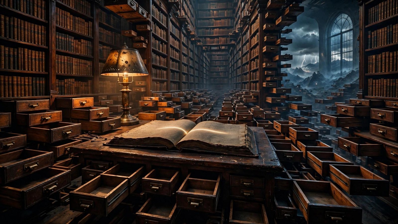 A reader at a desk under a green lamp, pages drifting through the aisle.