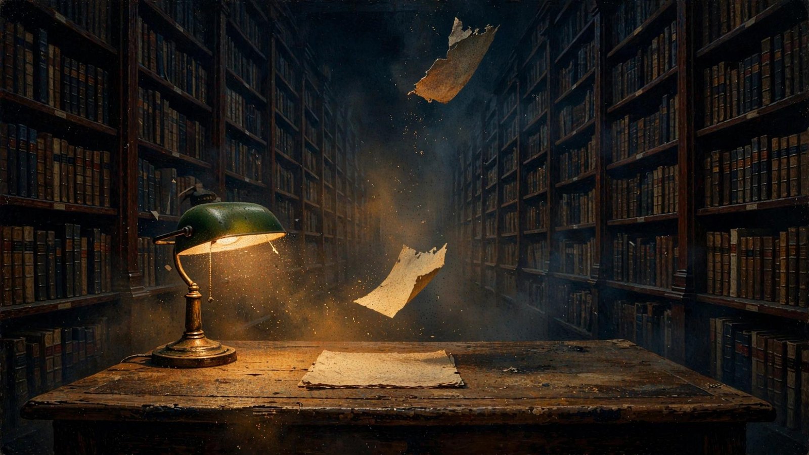 Old volumes chained on a desk, a green lamp, a hand at the margin.