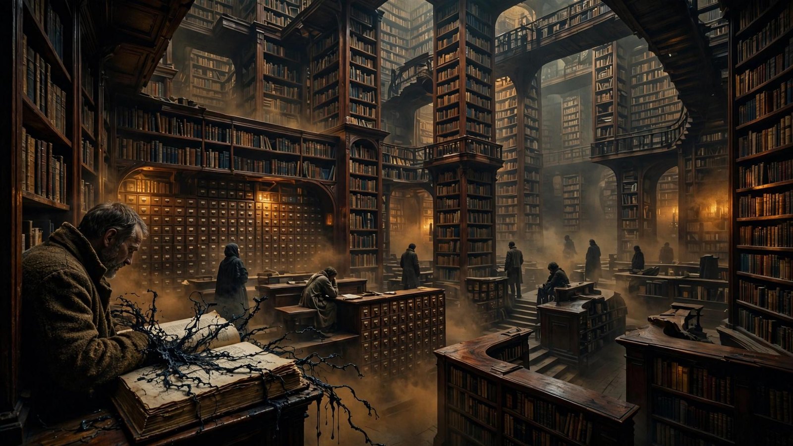 A hand writing with a quill, the page already brighter than the room.
