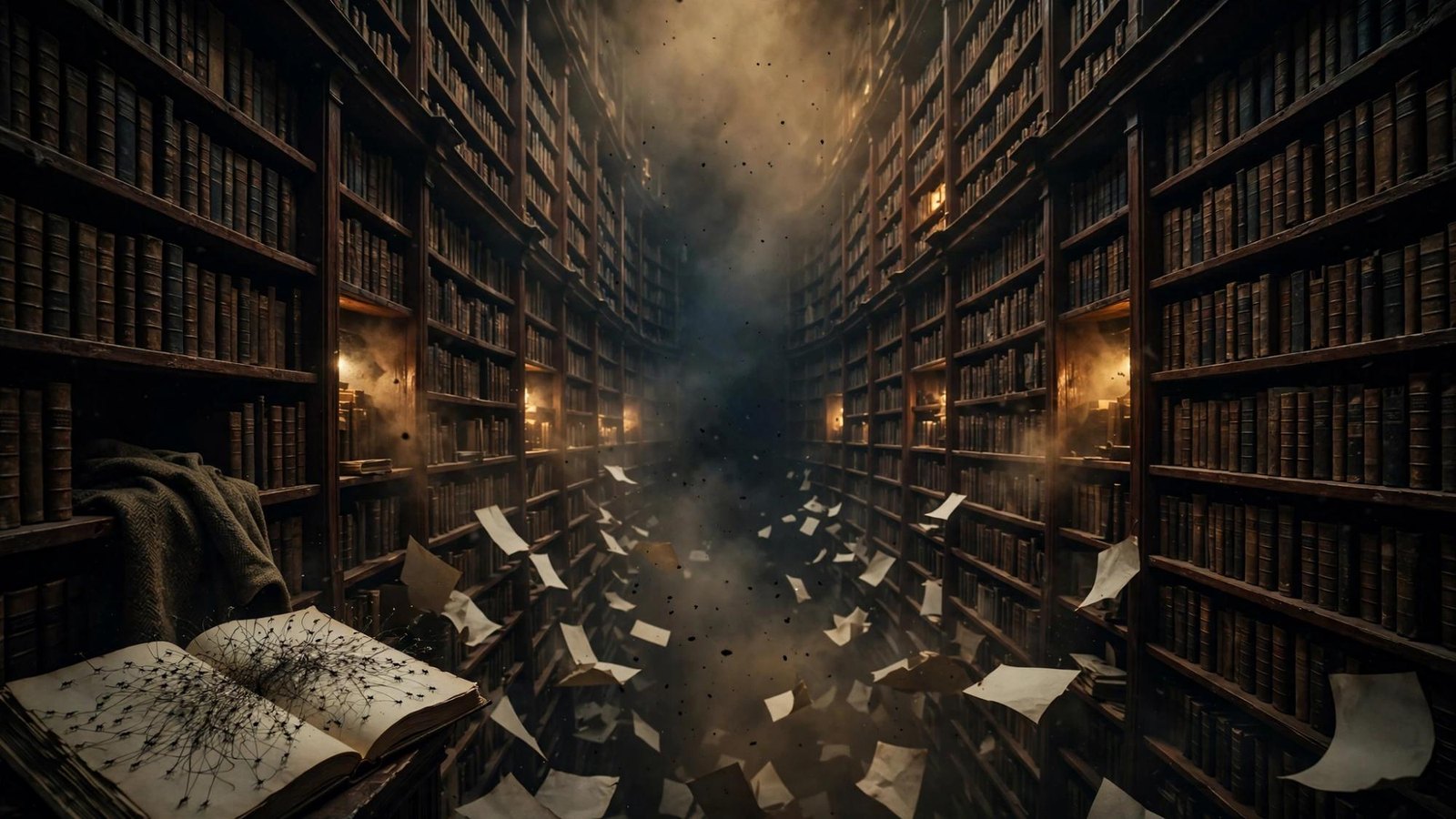 A vast library of dark wood, stairs and galleries, books loose in the air.