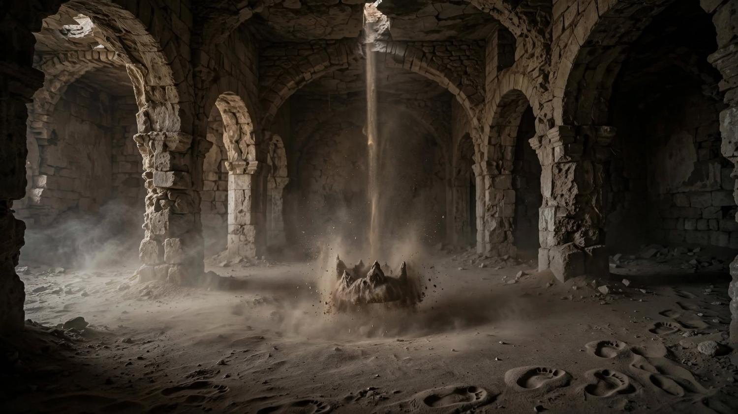 Dust strikes the crown and it sinks an inch. The footprints fill.