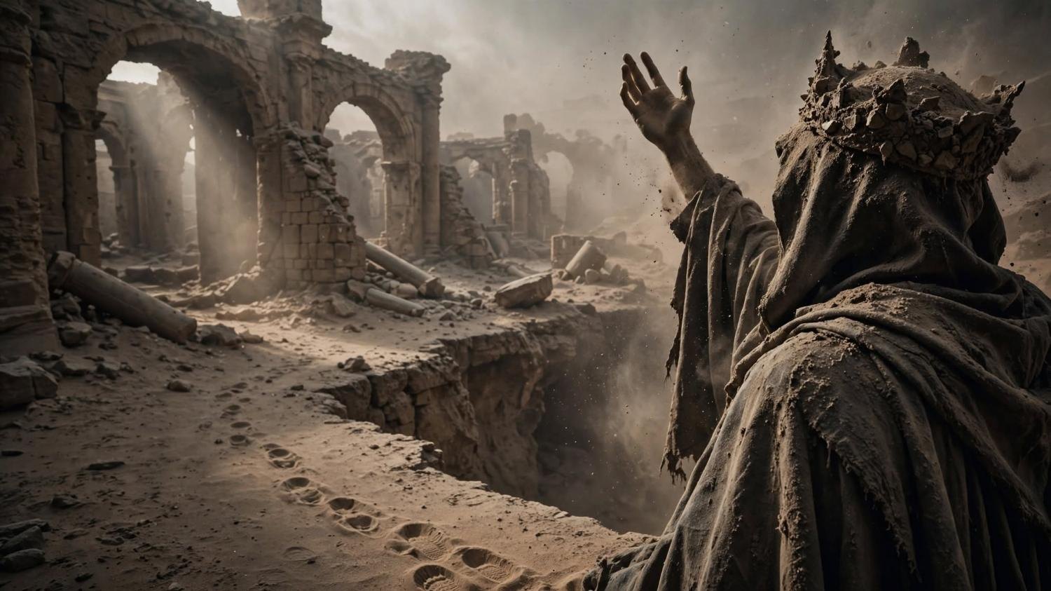 A cloaked hand raised at the edge, a crown of stone on the hood.