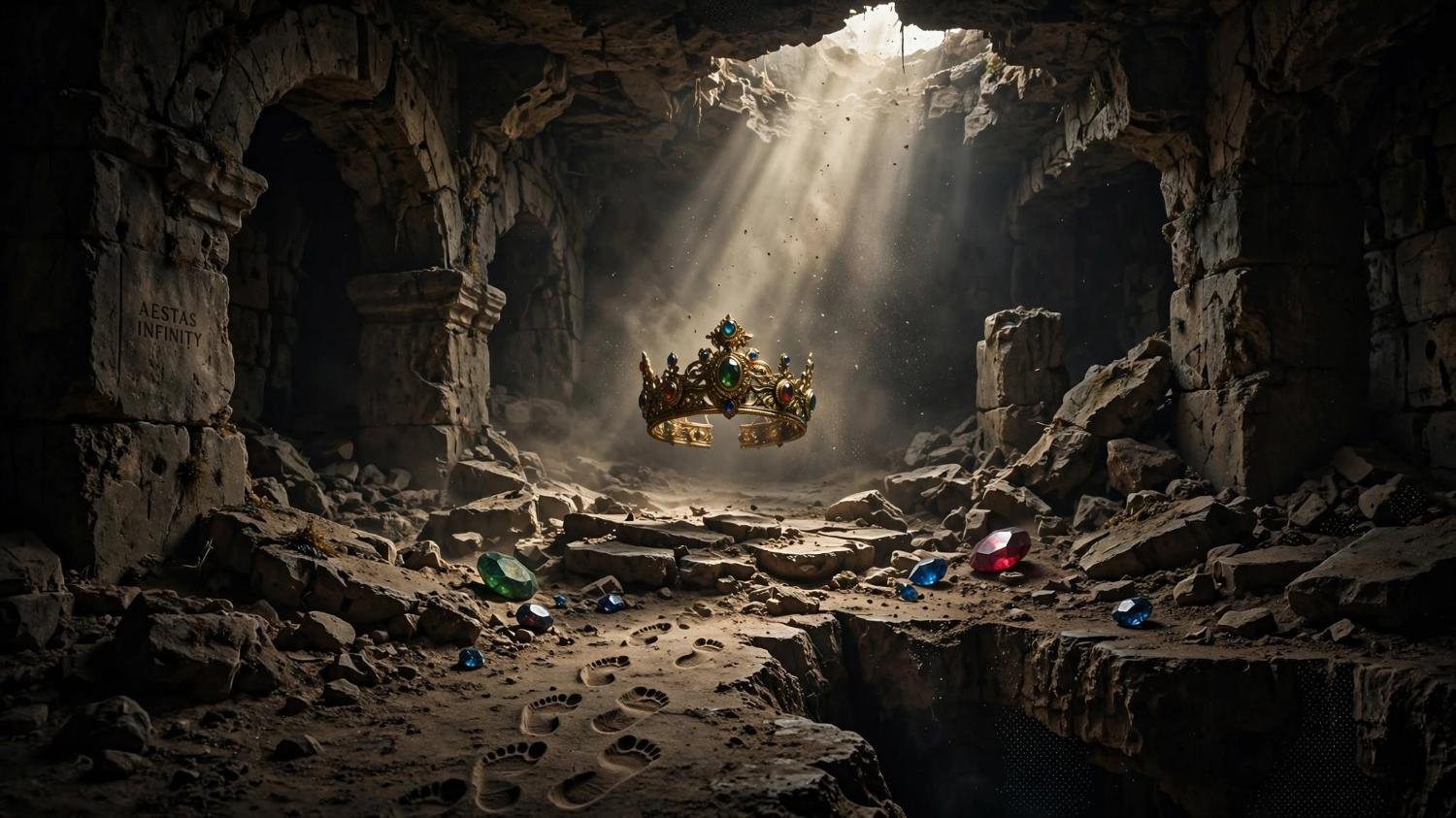 A crown floats in a shaft of light. Footprints stop where the light begins.