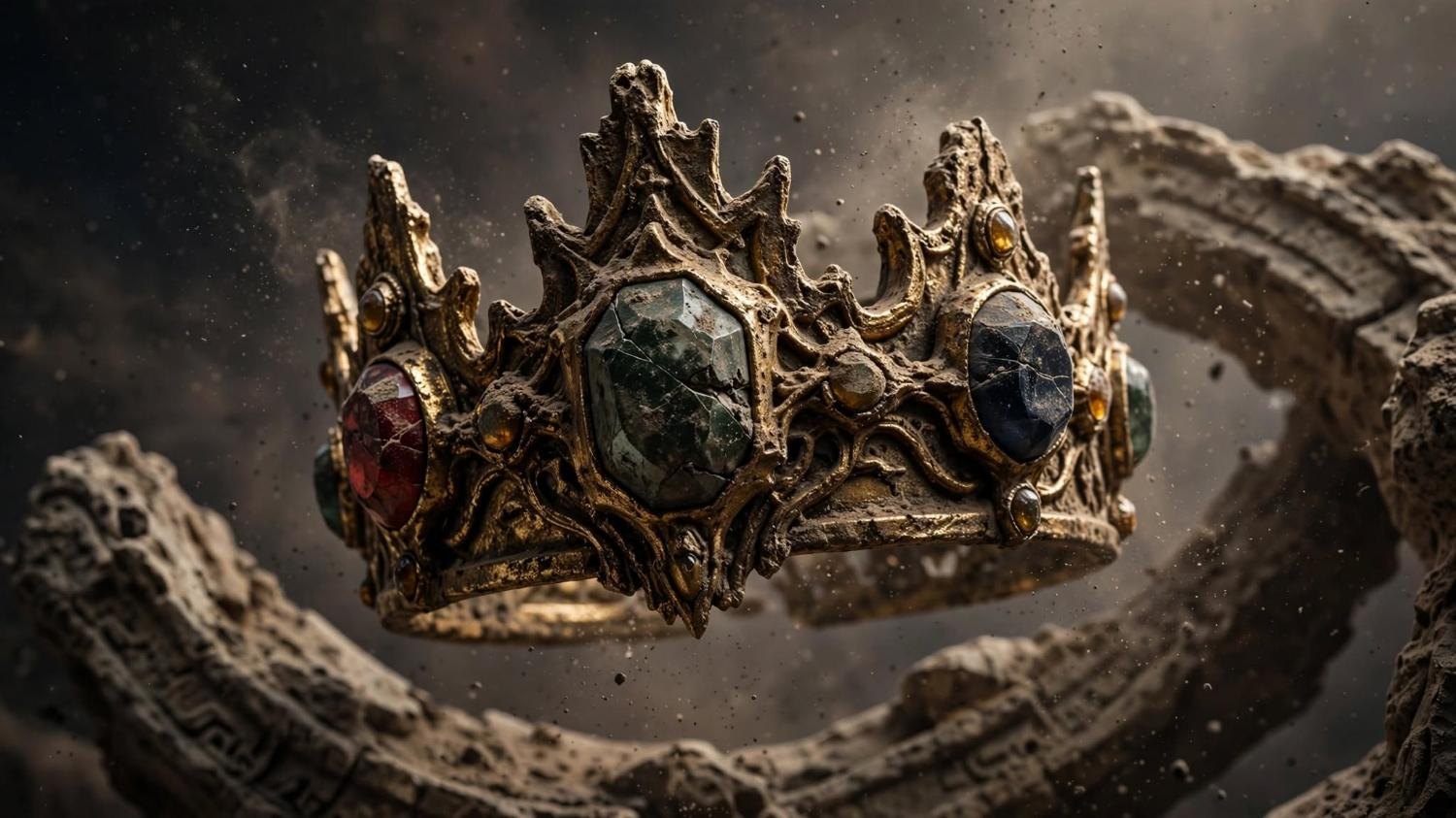 The crown itself. Tarnished gold, cracked gems, dust caught in the settings.