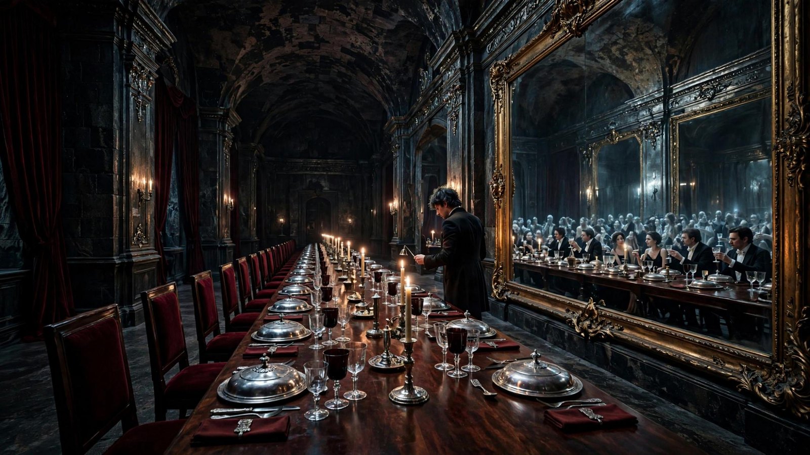 A long table in the dark, a small lit city standing in for the guests.