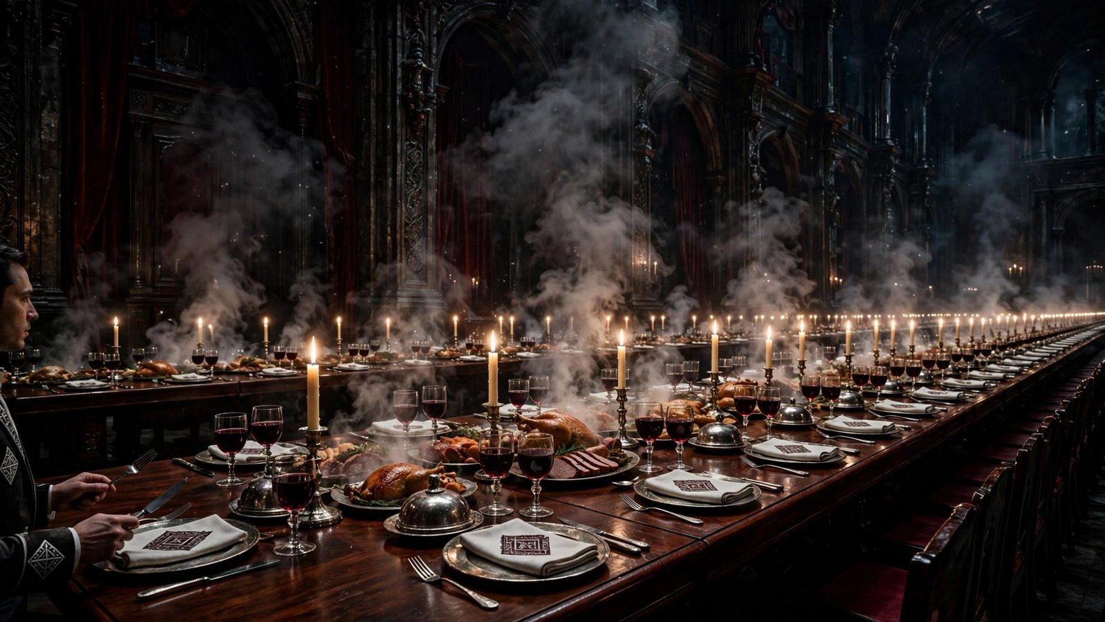 A banquet running the length of a dark hall, place after place still set.