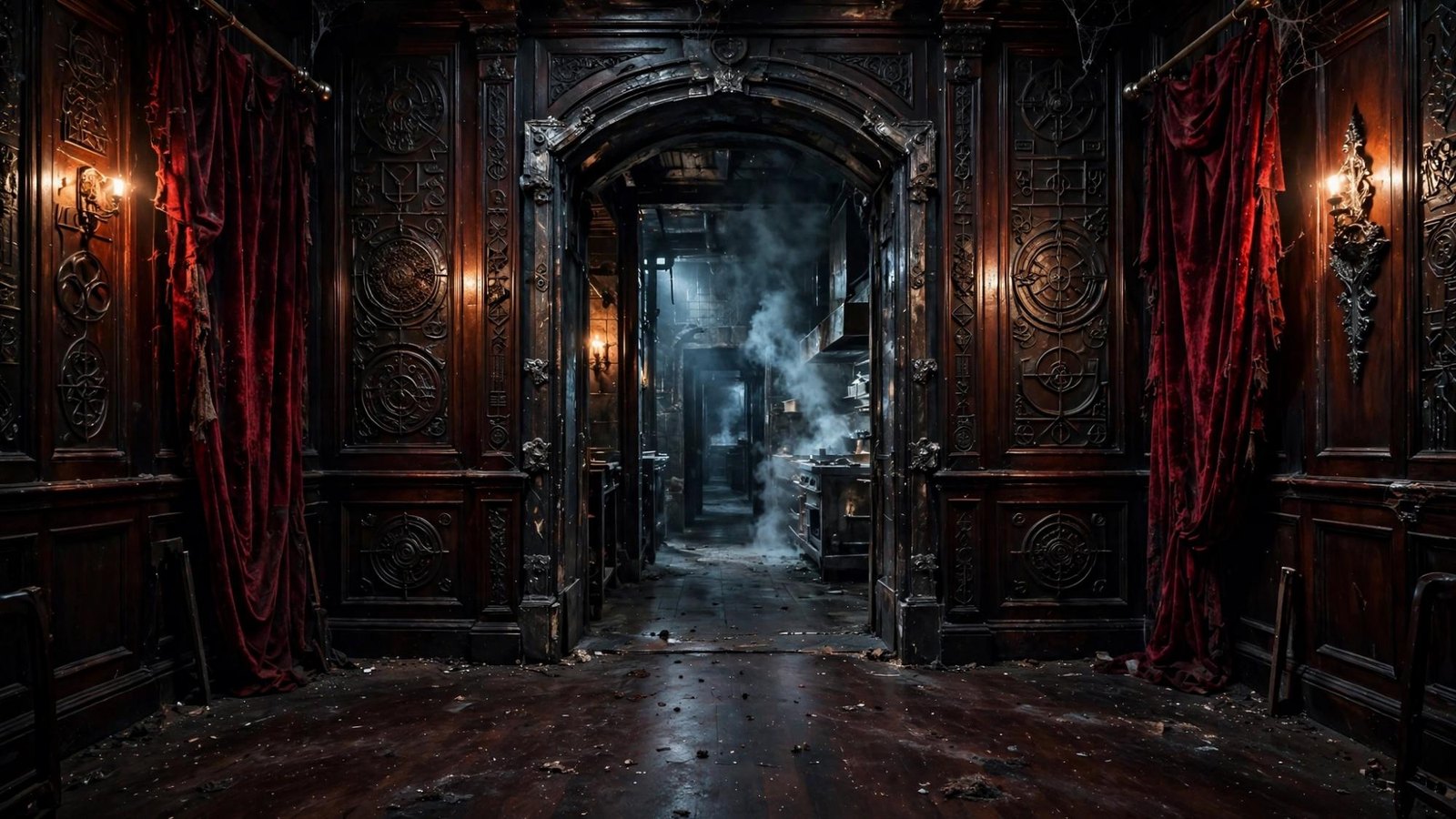 A banquet seen through a stone doorway, candles lit and the chairs waiting.
