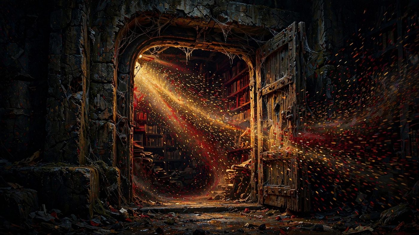 A door already open onto the shelves, before the question.