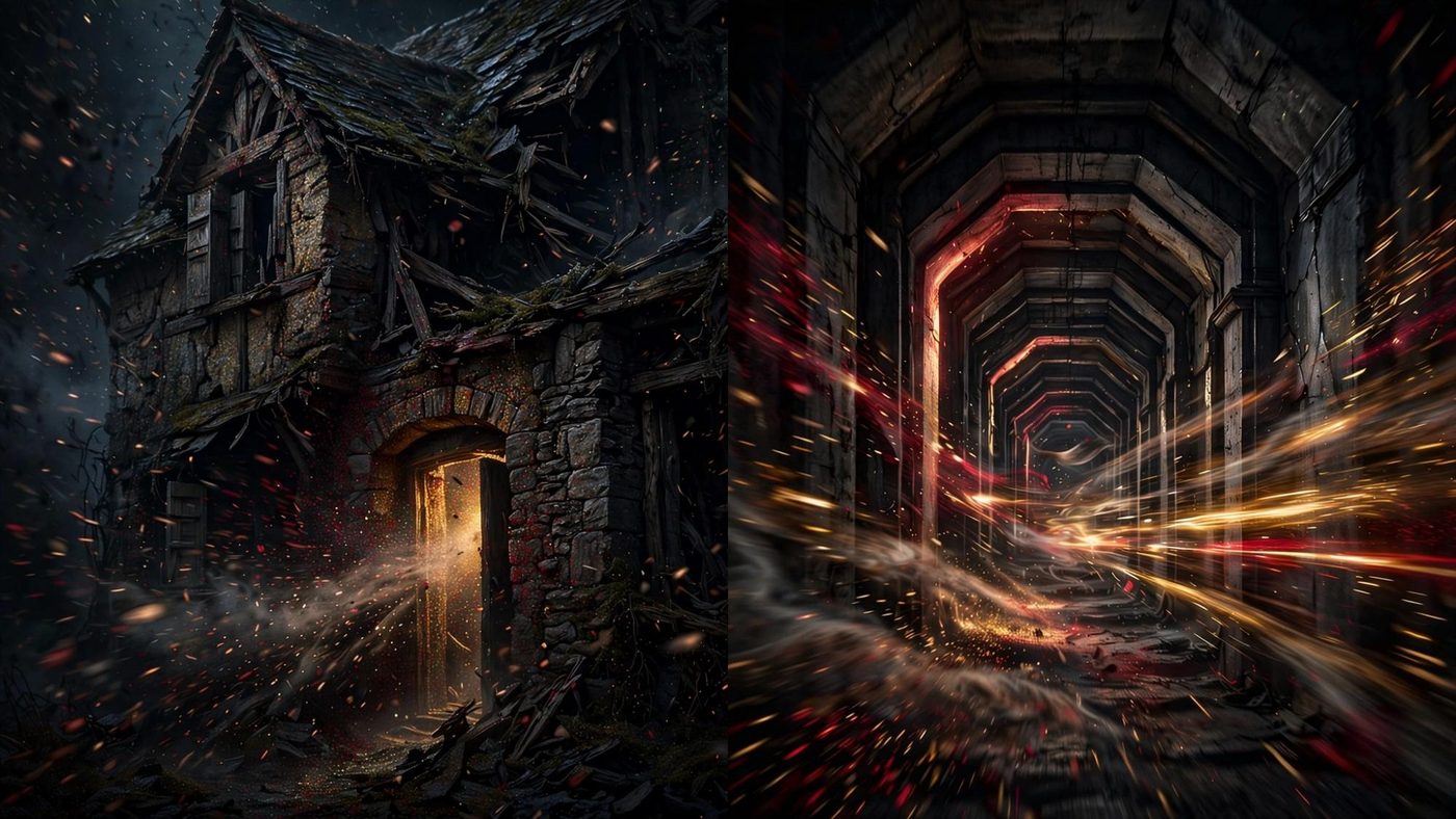A finished house beside a corridor of chapters.