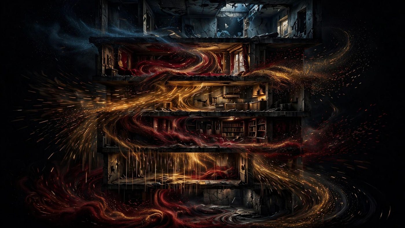 One house cut open, rooms stacked, a film that stands alone.