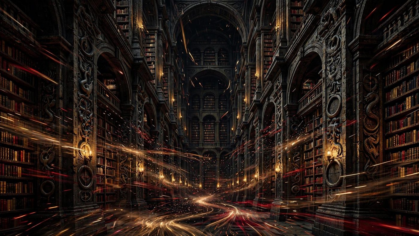 The archive itself: a library with a path through it.