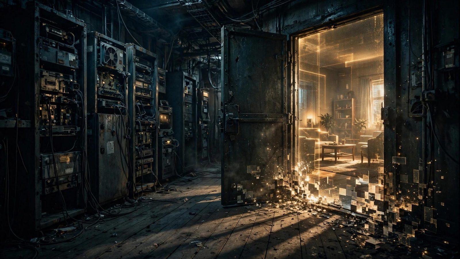A heavy door opening onto a golden living room that breaks into pixels.