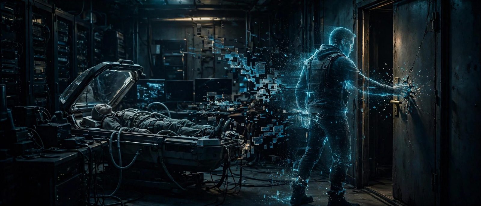 A body in a medical capsule and a figure dissolving as it touches a door.
