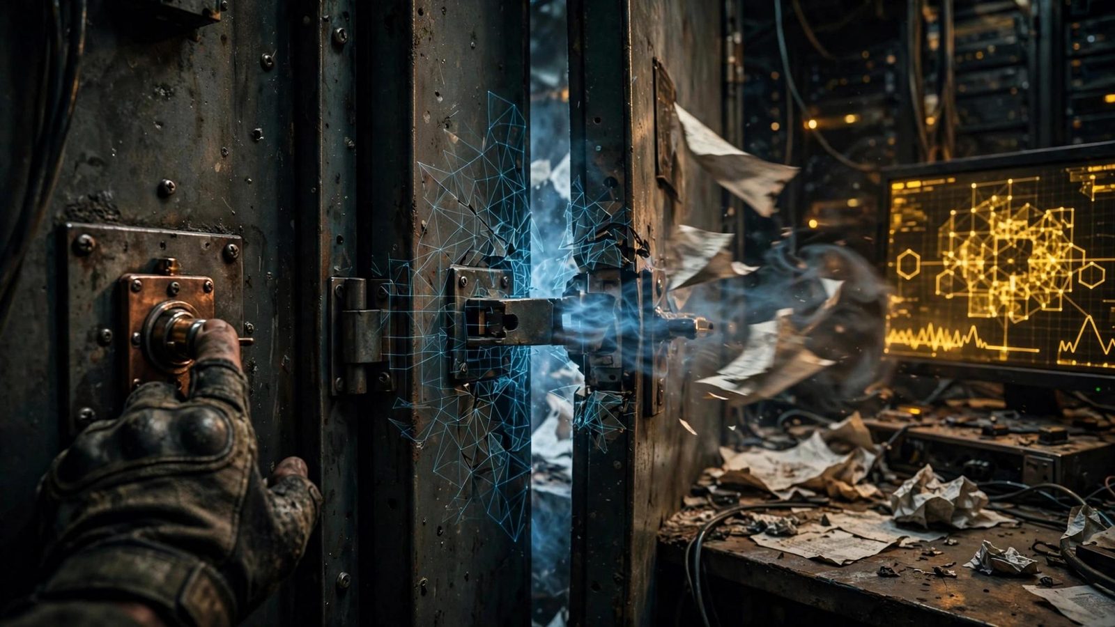 A gloved hand on a bolt as the door seam turns to wireframe and papers fly.