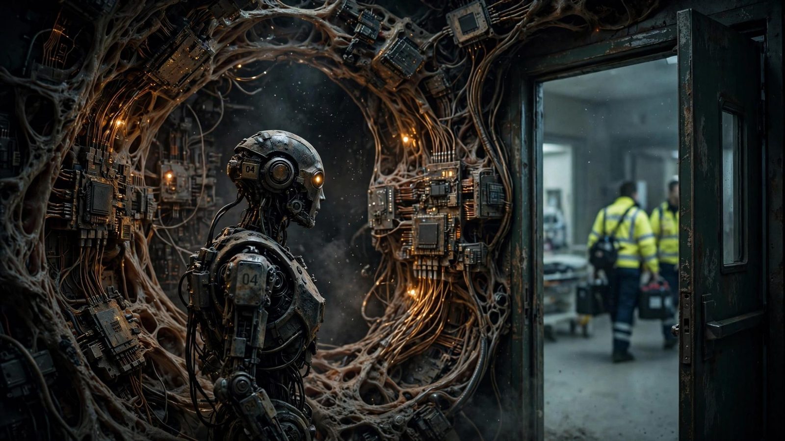 A cabled figure marked 04 beside a round wall of circuitry, workers leaving.