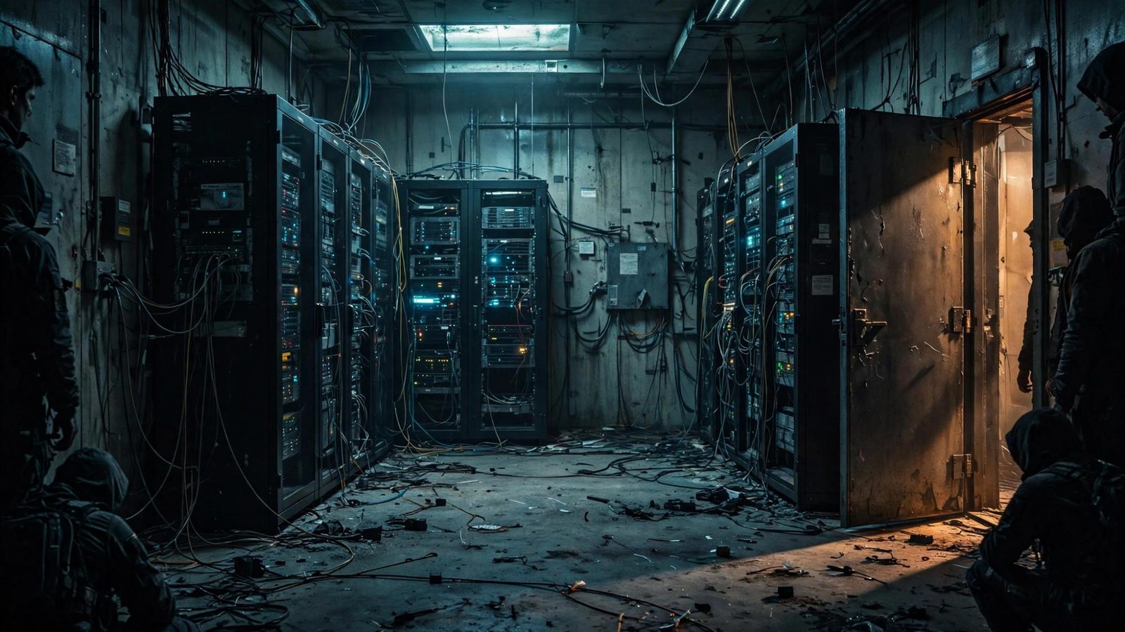 Hooded figures at the doorway of a stripped server room.