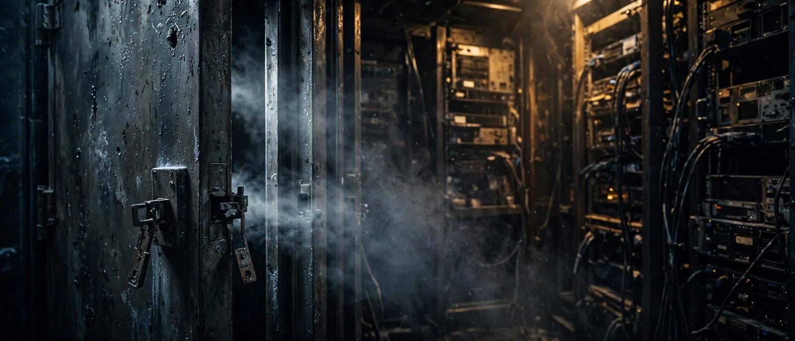 A wet metal latch and smoke in the gap of a server cabinet.
