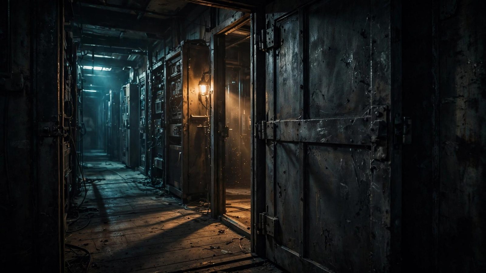 A dark corridor of server racks and one warm lamp in an open door.