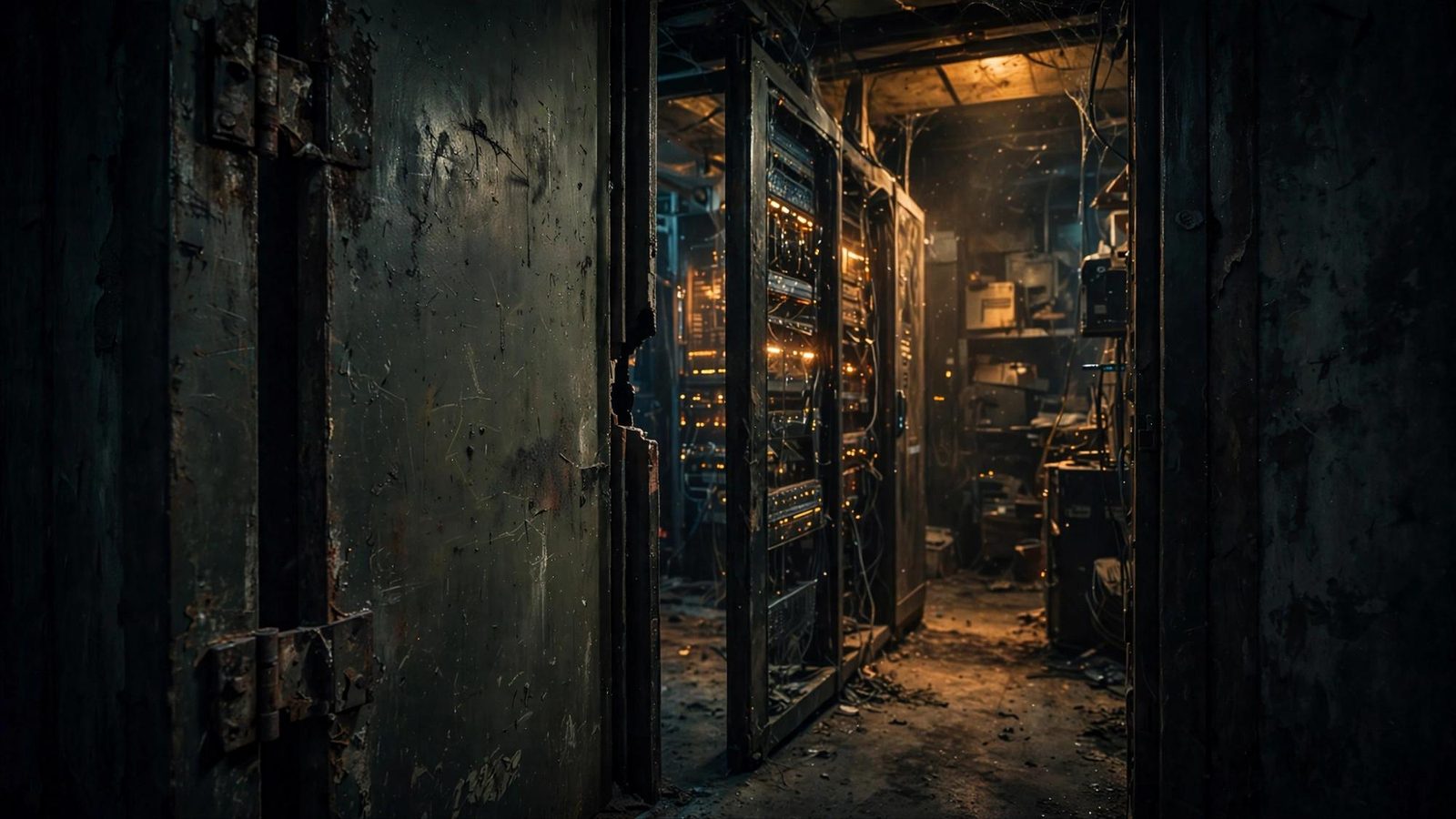 A server hall, cold and cabled. Set into the racks is a warm apartment corridor, lamp lit, one door already open by a hand's width. A figure at the right edge only watches.