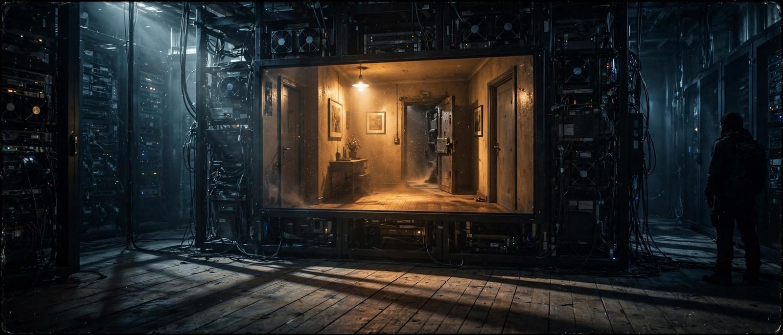 A server hall framing a warm apartment corridor, one figure watching from the edge.